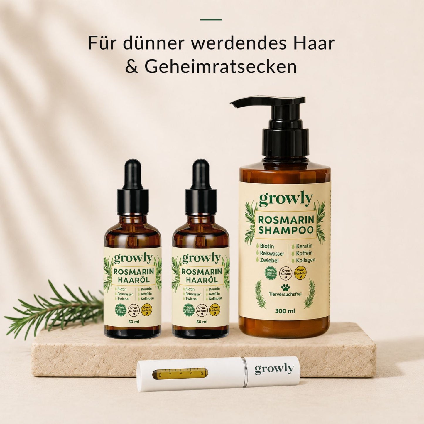 Growly Haar-Kur Set – Rosmarin Haaröl, Shampoo und Kopfhaut-Applikator