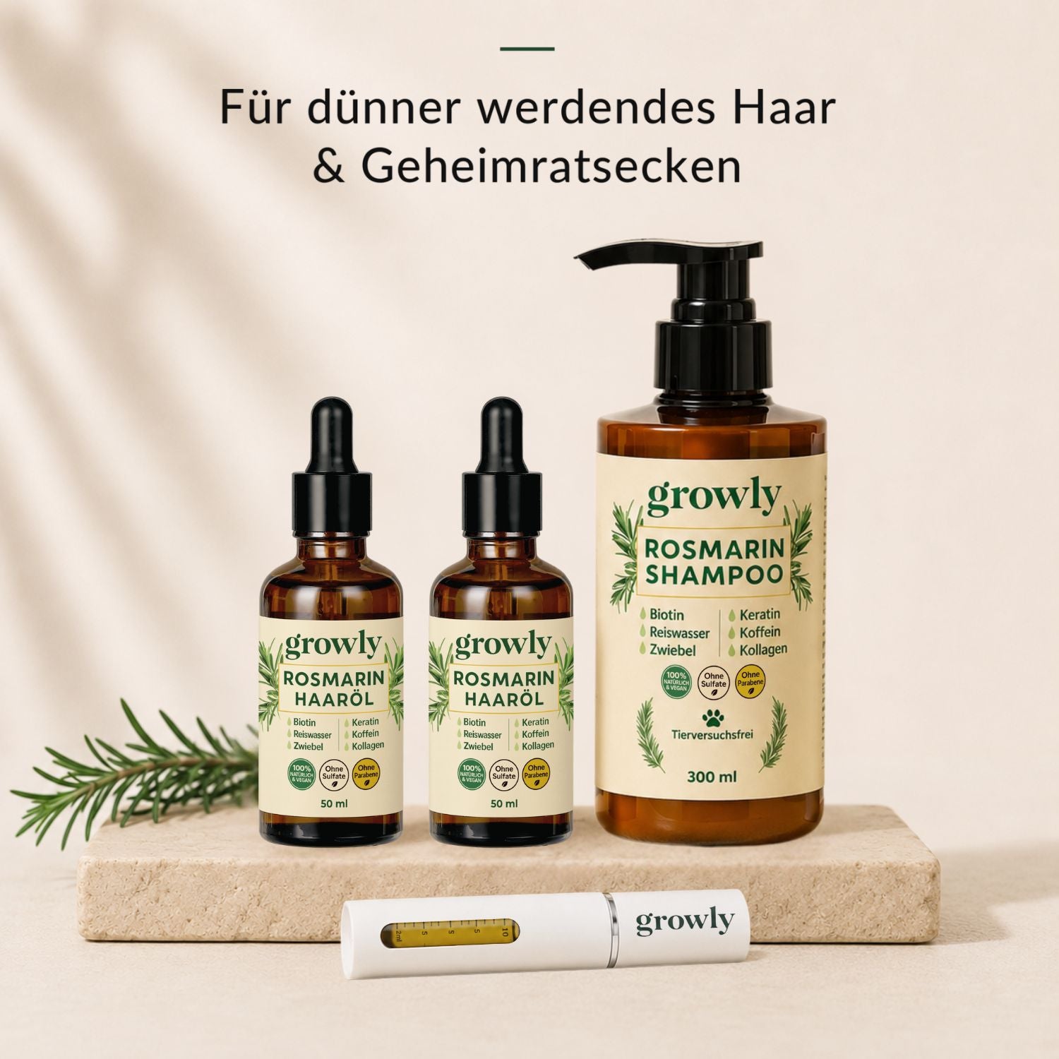 Growly Haar-Kur Set – Rosmarin Haaröl, Shampoo und Kopfhaut-Applikator